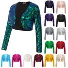 Женское болеро с блестками, Повседневная укороченная длинная куртка с длинным рукавом и открытым спереди, модная одежда для молодежи