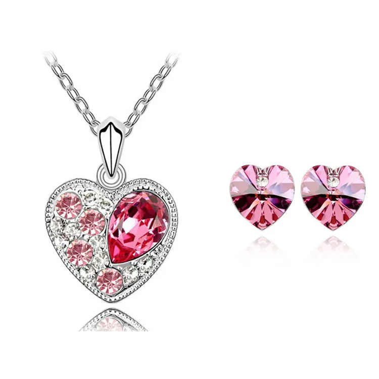 018228 rose red Наборы ювелирных изделий из кристаллов милые Подвески в виде сердца ожерелья серьги-гвоздики, кольцо и браслет браслеты с серебряным покрытием для женщин - Окраска металла: 018228 rose red