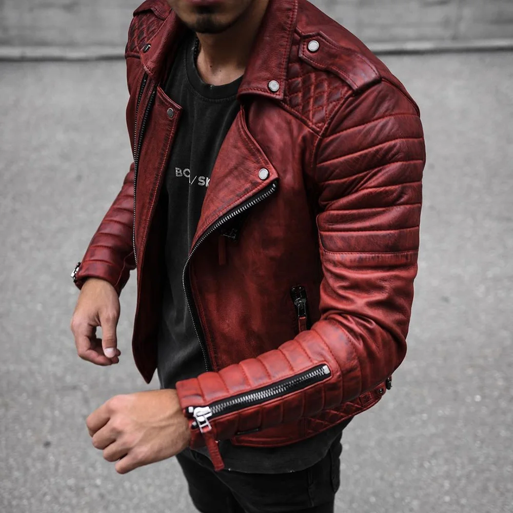 

Plain Lapel Standard Zipper Men's Leather Jacket Red Zipper PU Jacket Coat Autumn Casual Motorcycle Punk Slim Street Out Wear