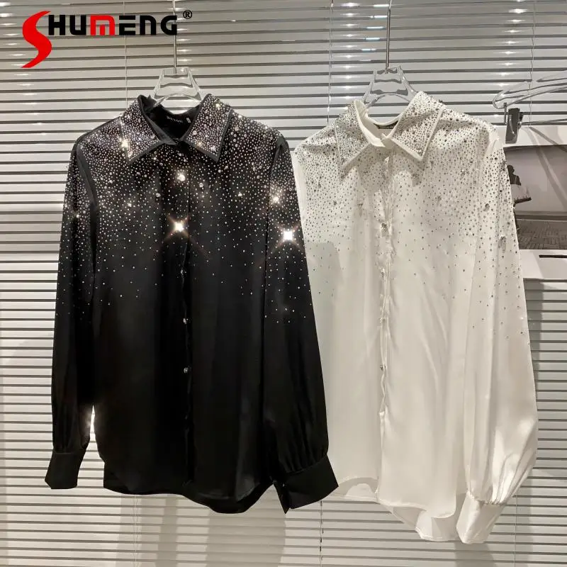 

2021 Spring New Lapel Star Rhinestone Gradient Hot Drilling Long Seeve Mercerized Shirt Women Fashion Blouses