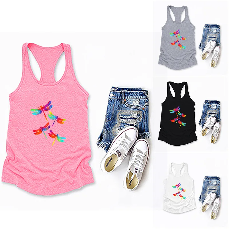 

Colorful Dragonfly Printed Crop Top Women Sleeveless O Neck Tank Top Summer Ladies Casual Loose Vest Haut Femme Ropa Mujer