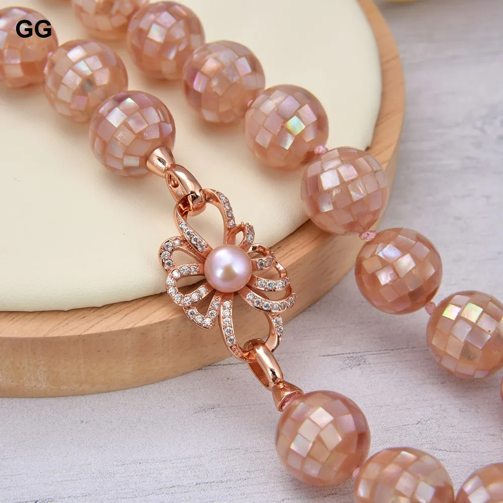 

GG Jewelry Natural 16MM Pink Mother Of Pearl Pink Shell Necklace Pearl CZ Clasp Lady Jewelry