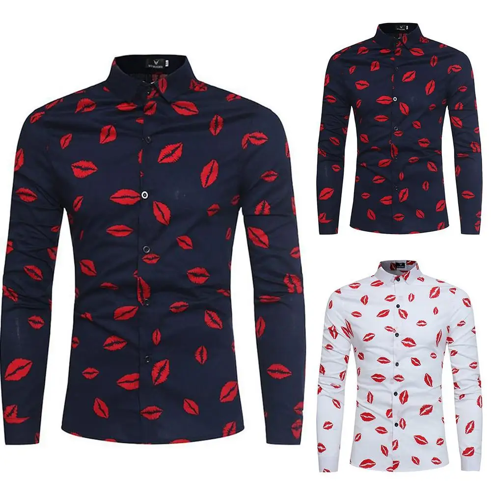 

Men Long Sleeve Button Up Tops Lipstick Lip Print Casual Shirt Fashion Blouse Plus Size