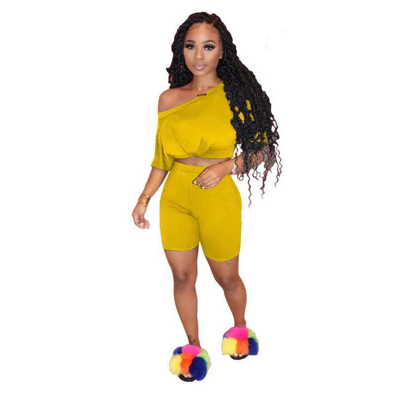 

Plus Size Two Piece Sweatsuit Women Tracksuit One Shoulder Half Sleeve Short Top And Biker Short Casual Matching Set Club Outfit
