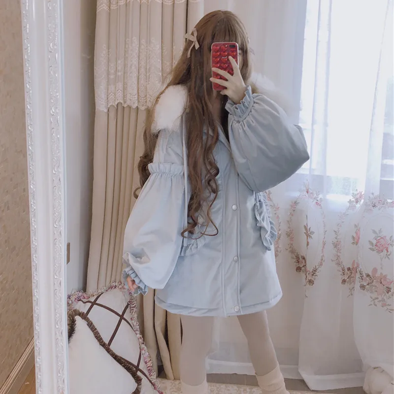 Японское милое пальто в стиле &quotЛолита&quot зимнее бархатное плотное с меховым