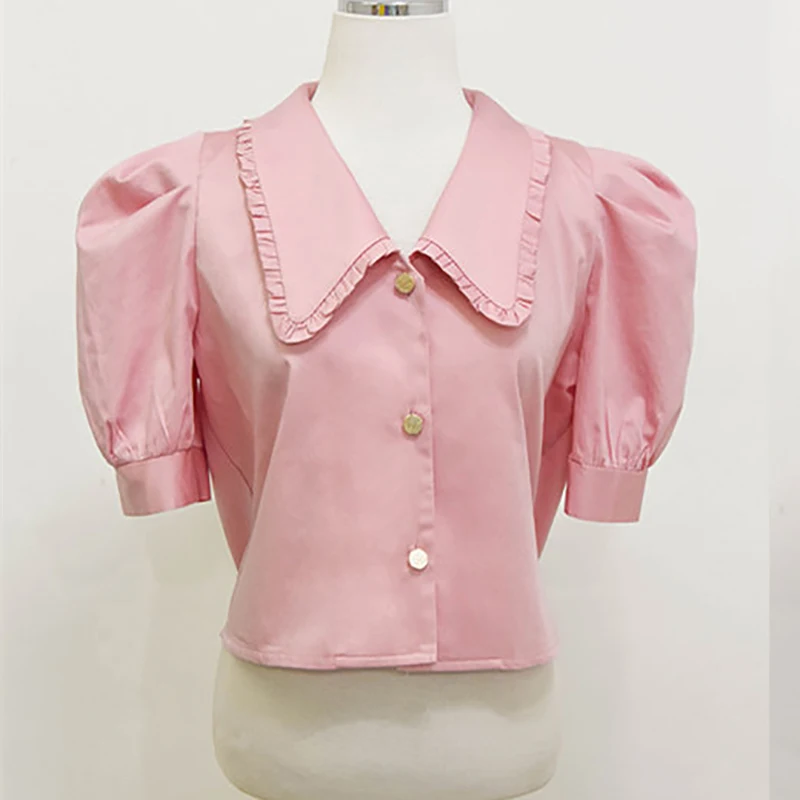 

LJSXLS 2021 New Turn-down Collar Short Sleeve Blouses Womens Retro Single Breasted Shirt Korean Clothes Pink Summer Top Women
