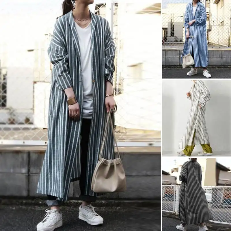

ZANZEA Women Autumn Long Jackets Fashion Vintage Striped Cardigan Casual Cotton Linen Kimono Long Sleeve Open Front Thin Coat