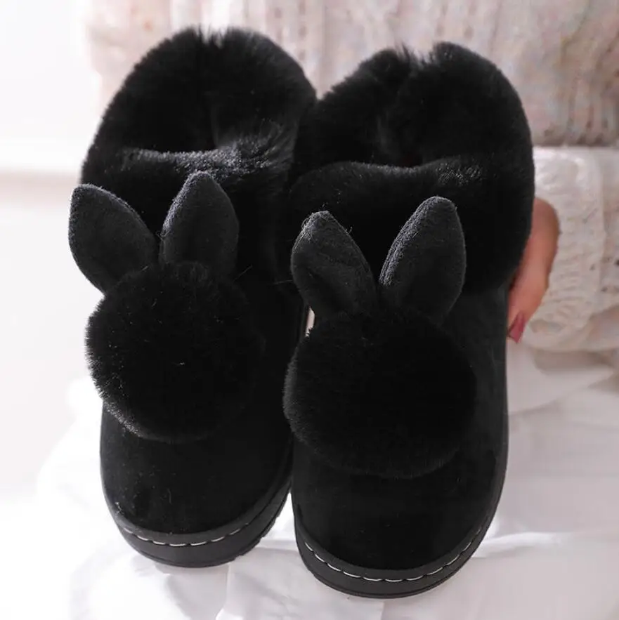 Black Сезон осень-зима; хлопковые тапочки с мехом кролика; домашняя теплая хлопковая обувь на толстой подошве; женские тапочки; милые пушистые тапочки с котом - Цвет: Black