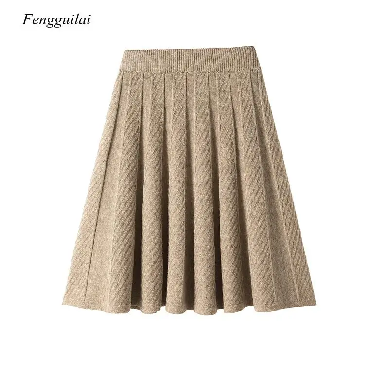 

New Autumn Winter Knit Pleated Women Umbrella Strechable High Waist Above Knee Skirt