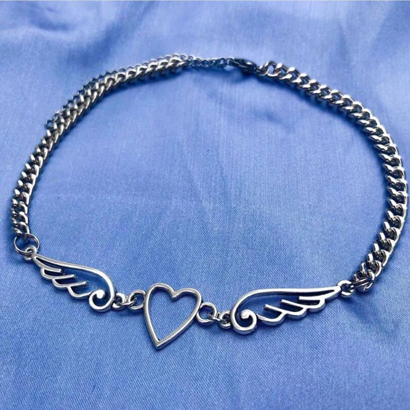 1Pc Hollow Out Heart Feather Punk Choker Necklace For Women Cool Hip Hop Harajuku Angel Chain Necklace Trendy Jewelry