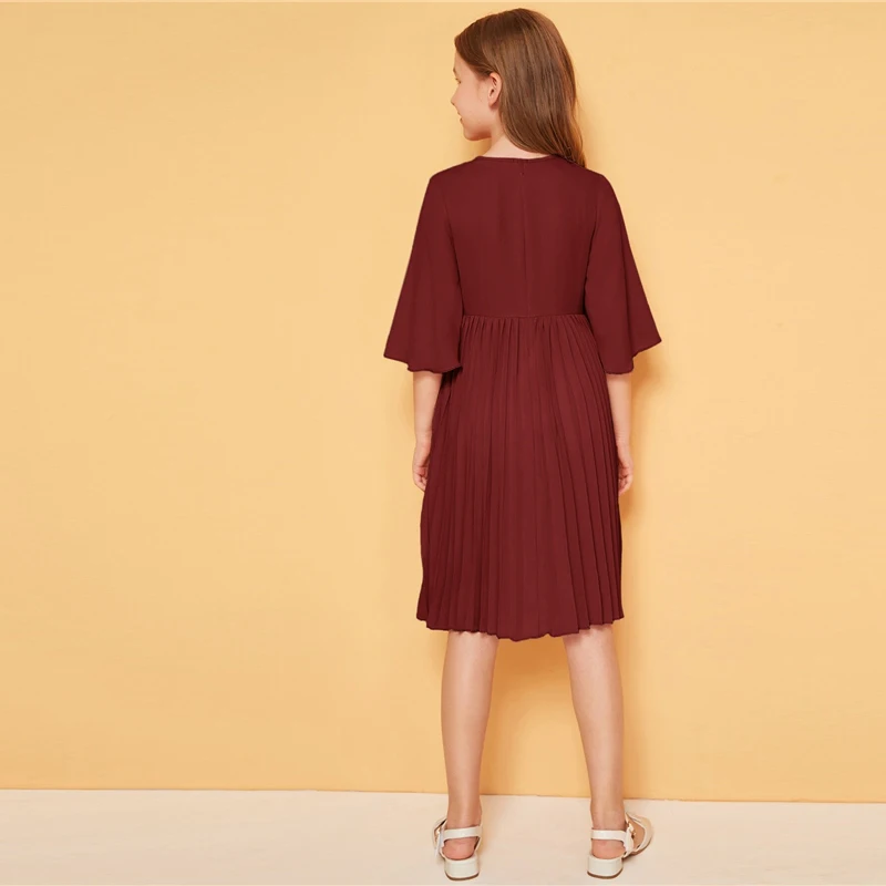 SHEIN/детское однотонное плиссированное платье с завязками спереди для девочек; милое детское платье; коллекция года; Летние Детские платья трапециевидной формы с рукавами-воланами до колена