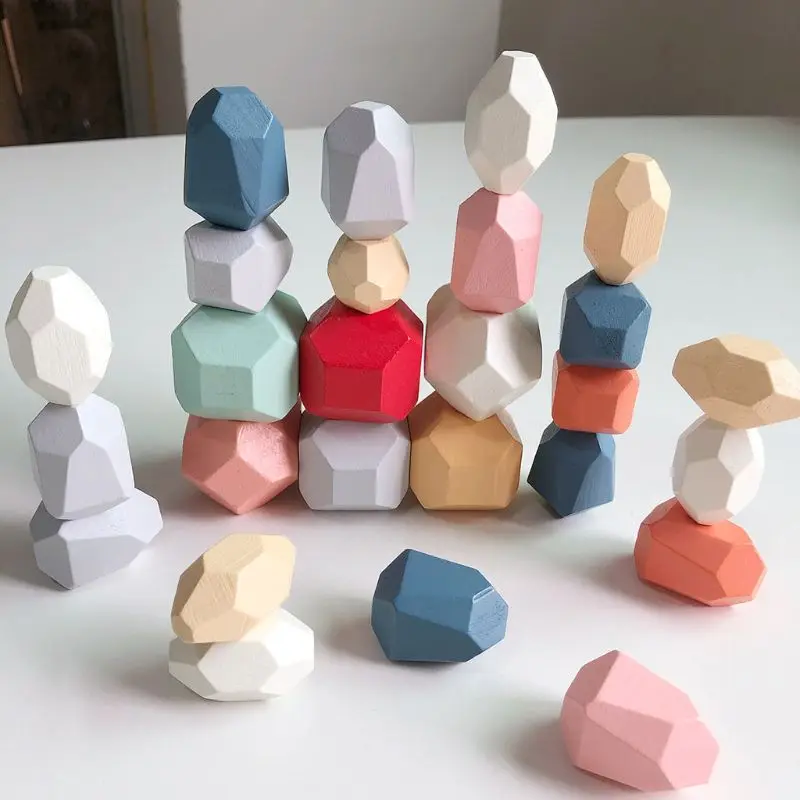 

21 Pcs Children Wooden Colored Stone Stacking Game Building Block Education Toy New