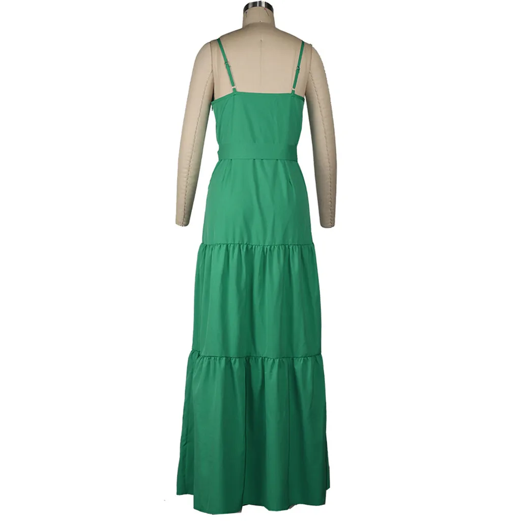 Женское летнее длинное платье без рукавов однотонное пляжное на бретельках с