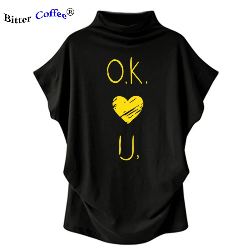 Женская футболка с коротким рукавом летучая мышь принтом OK love you Повседневная