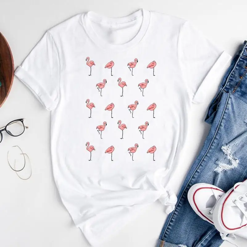 

Women Graphic Cartoon Flamingo Beach 2022 Cute Short Sleeve Summer Fashion Print Female Clothes Tops Tees Tshirt T-shirt