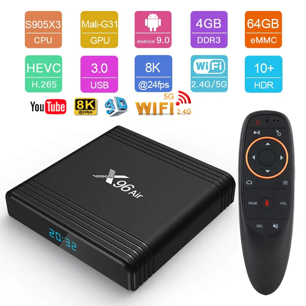 ТВ-приставка X96 Air Amlogic S905X3 Android 9,0 4 Гб 64 ГБ 32 ГБ 4K 8K 24fps Netflix X96Air 2,4/5,0G WiFi BT4.1 Smart tv box