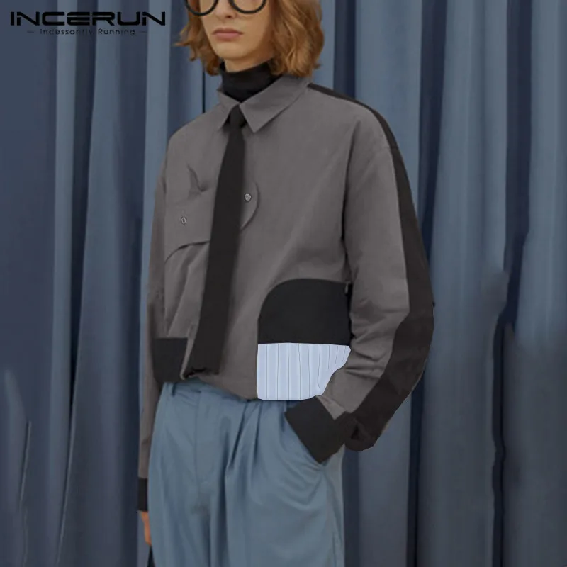

Мода для девочек с большими карманами, сорочка INCERUN для мужчин, из кусков, для спорта и отдыха с длинными рукавами и отложным воротником Camisa в...