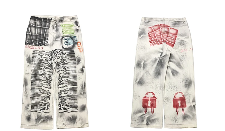 Джинсы дымчатые мужские с граффити уличная одежда брюки старого грязного цвета