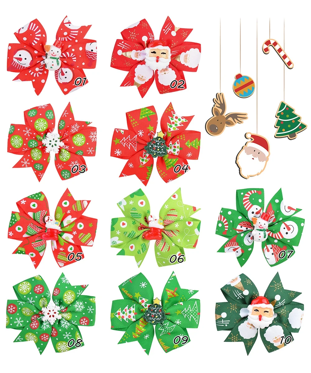 

10Pcs/Lot Christmas Printing Hair Bows With Clip For Kids Girls Grosgrain Hair Clips Boutique Hairpin Barrettes Hair Accessories