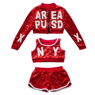 Детский красный танцевальный костюм с блестками в стиле хип-хоп для девочек