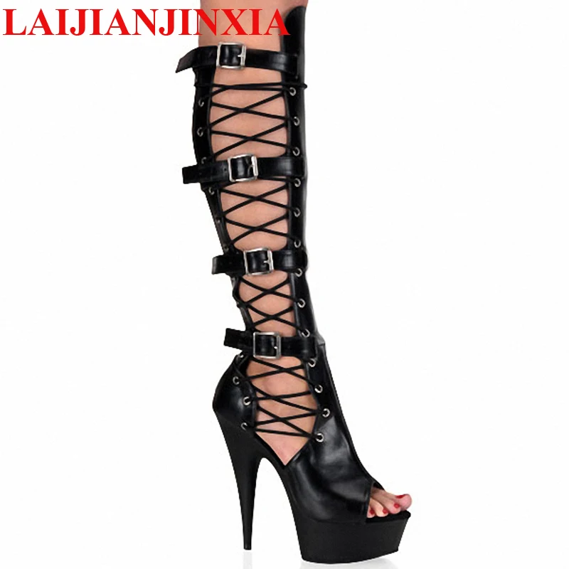 

15cm sexy high-heeled shoes open toe lacing medium-leg hasp sandals platform boots Open Front Lace Up Shoes with Buckles