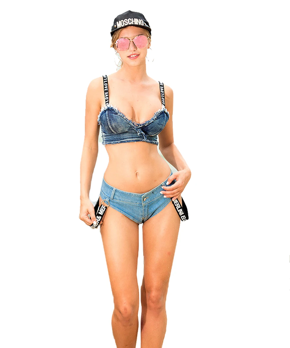 Women Summer Sexy Denim Tube Tops Strapless Bra Top Condole Belt Bustier Stretch Tube Ladies Skinny Jeans  Shorts Sets