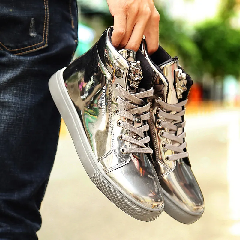 

Spring Classic British Style Shiny Mens Shoes Casual Streetwear Fashion Blue Hip-hop High top Sneakers Men Casual Glitter Shoes
