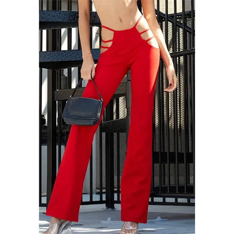 

Hollow Out Sexy Black Flare Pants Women Streetwear Sweatpants Womans Fashion 2021 Casual Trousers