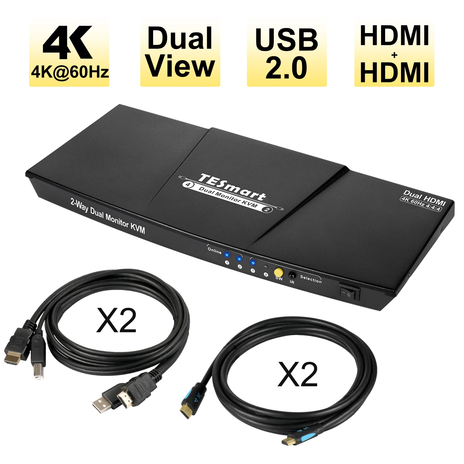 

TESmart Dual HDMI 4x2 Dual Monitor KVM Switch 2 Port Updated 4K@60Hz, Support HDR 10, HDCP 2.2(Black)