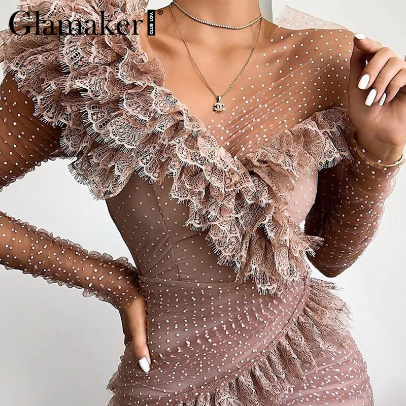 Женское клубное мини платье Glamaker розовое кружевное с оборками и длинным рукавом