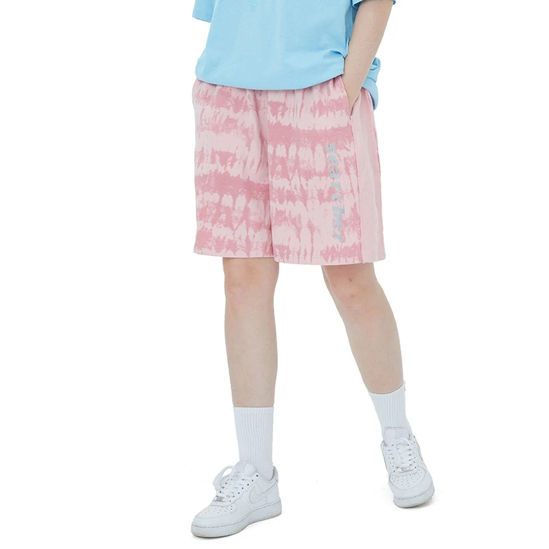 

Japanese Harajuku Pink Cotton Tie Dye Print Shorts for Men and Women Urban Streetwear Hip Hop Patchwork Embossed Casual Shorts