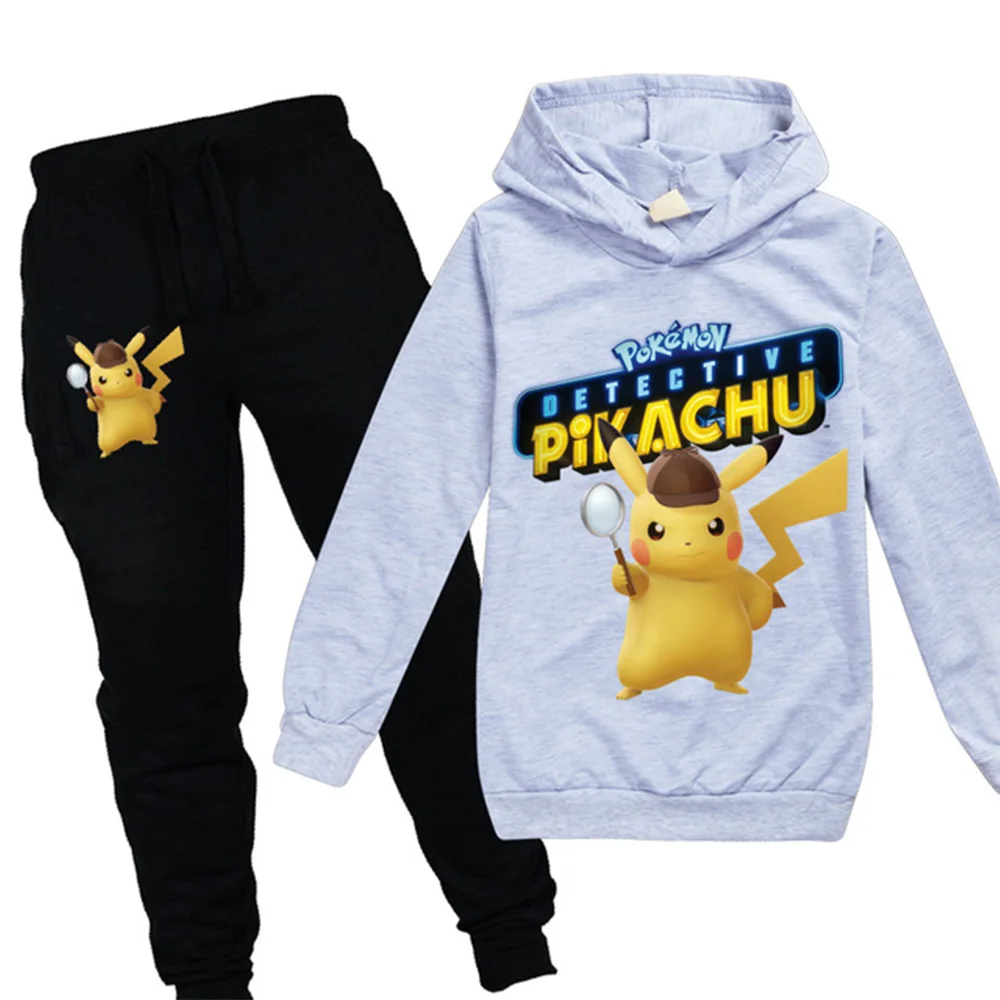 POKEMON GO Detective Pikachu/детская одежда для мальчиков и девочек осенний Свитшот комплект из 2 предметов, хлопковые спортивные толстовки с длинными рукавами и рисунком, Комплект футболок - Цвет: 989gray