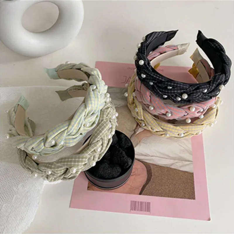 

Плетеные повязки для волос жемчуг Женская Повседневная повязка на голову с принтом в клетку из сетчатого материала с головными повязками н...