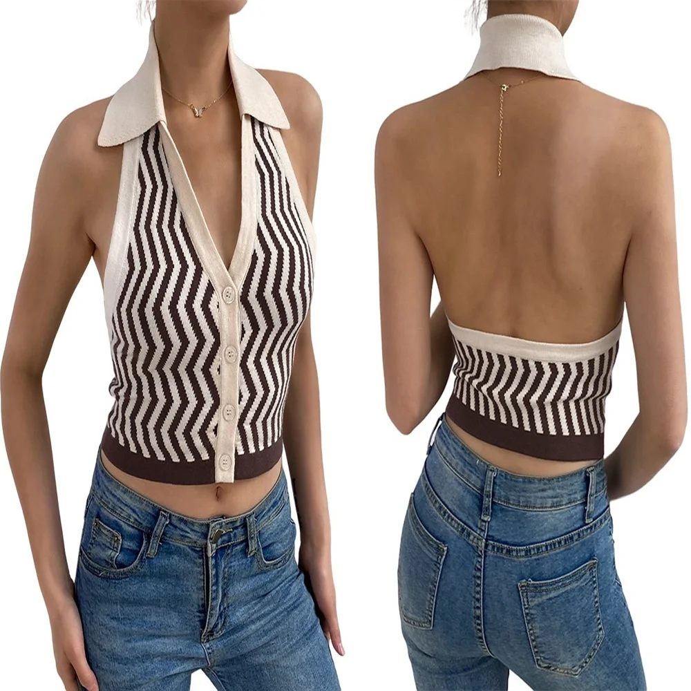 

INS New Summer Women Sexy backless Brown Striped Y2k Crop top Tank Halter Knit Vest Female Fashion Slim Button Top