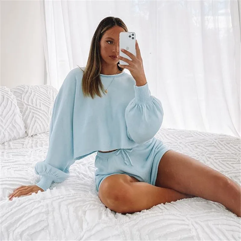 

Women Winter Autumn Two-piece Suits Long Sleeve Round Neck Top Loose Shorts Knit Fashion Casual Pullover Sweater and Shorts Set