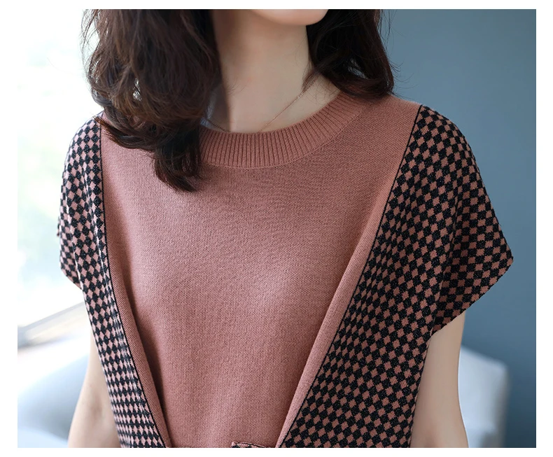 О образный вырез короткий рукав узор в клетку лоскутное вязаное платье для