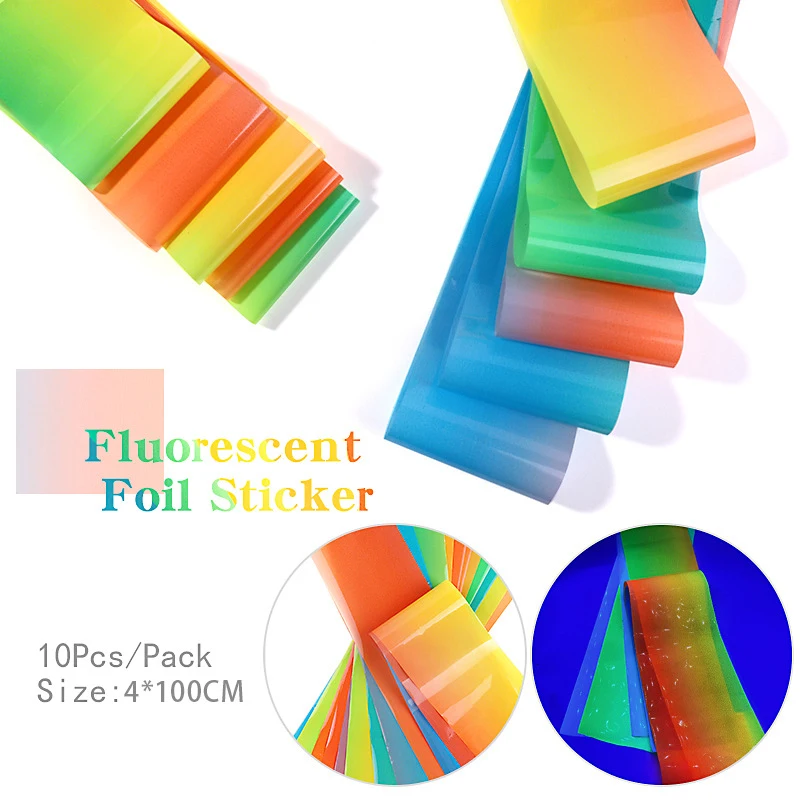 

10 Pcs/Box Fluorescence Nail Art Sticker DIY Nail Art Holographic Transfer Sticker Yellow Blue Slider Starry Papers Decoration