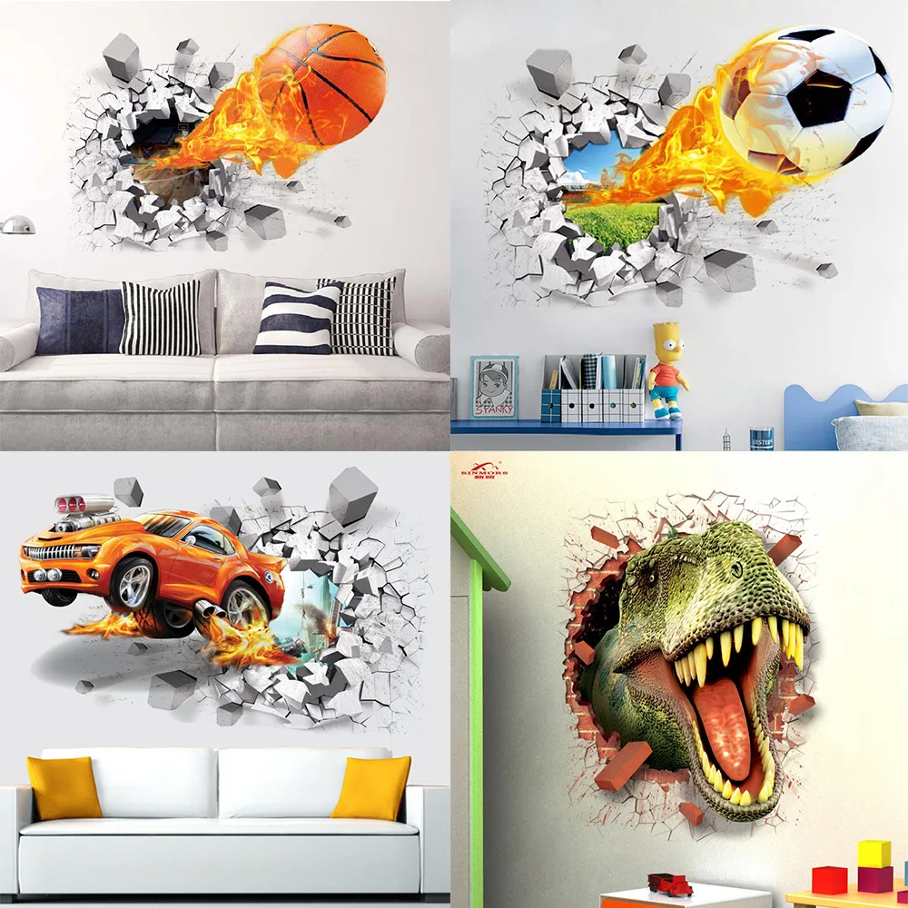 50*70CM basketbol yangın futbol araba kırık duvar yaratıcı 3D yeşil duvar çıkartmaları ev DIY dekoratif duvar çıkartmaları kağıt