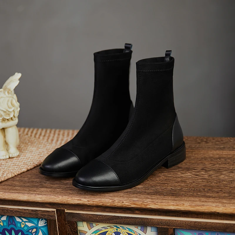 

Vintage Round Toe Women low square heels Ankle Boots Genuine Leather Short Boots Party Night Club Shoes Woman size 41 42 43