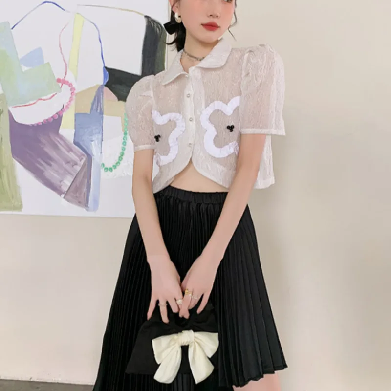 

Texture Sheer Peter Pan Collar Blouse Women Cropped Button Up Shirt Puff Sleeve Summer Ladies Fashion Designer Top U600