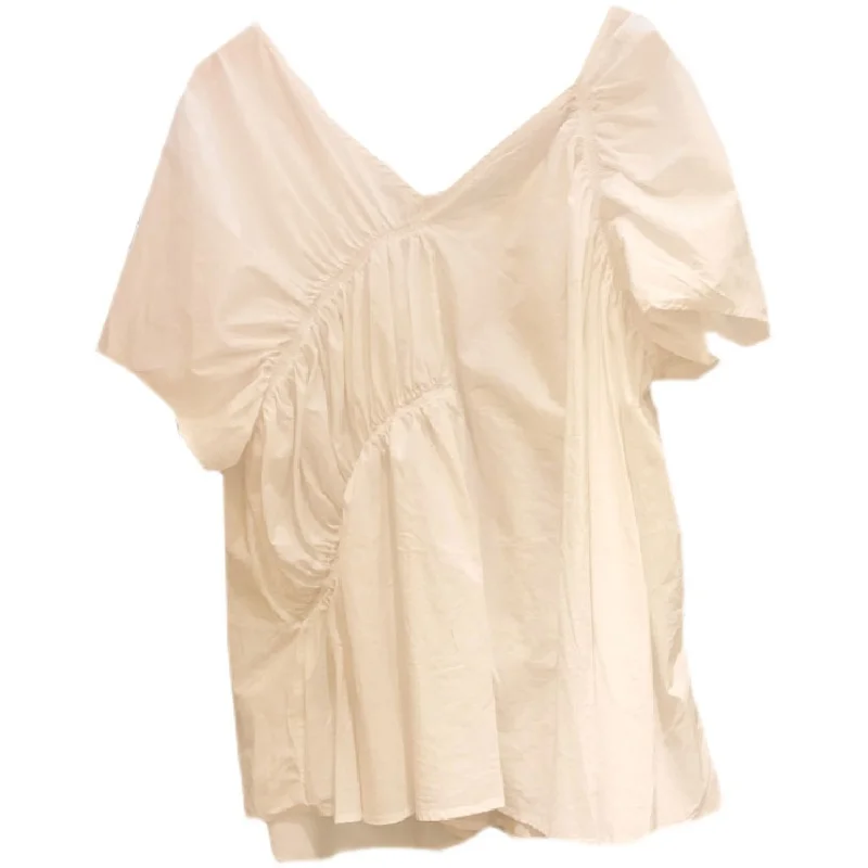 

LANMREM Women White Irregular Folds Blouse V-Neck Short Sleeve Loose Fit Shirt Fashion Tide Summer 2021 New Arrivals 2E1873