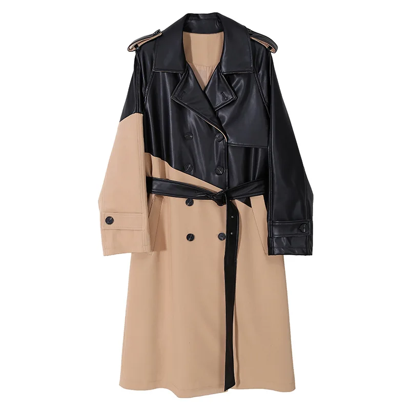 Женский Длинный Тренч цвета хаки из искусственной кожи свободная ветровка с