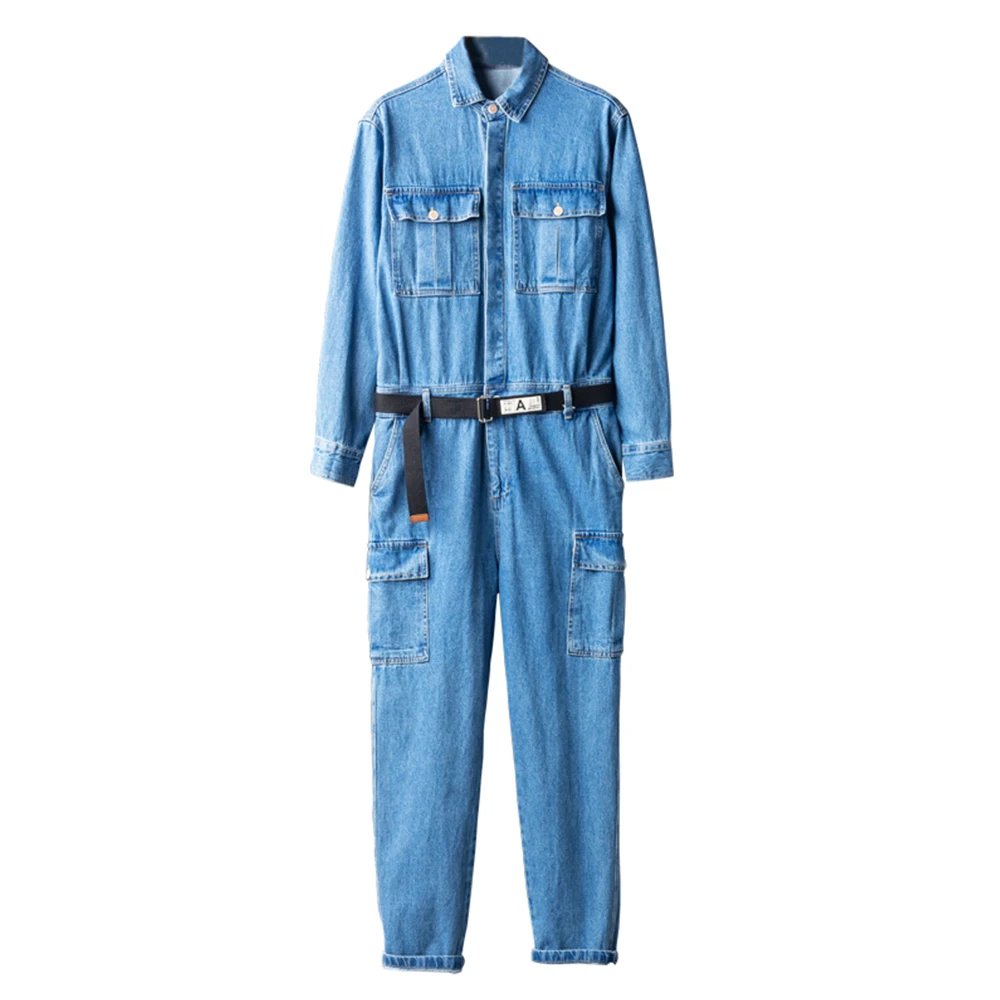 

Men's Long Sleeve Multi Pockets Cargo Blue Denim Jumpsuits with Belt Casual Working Coveralls Overalls Jeans Set