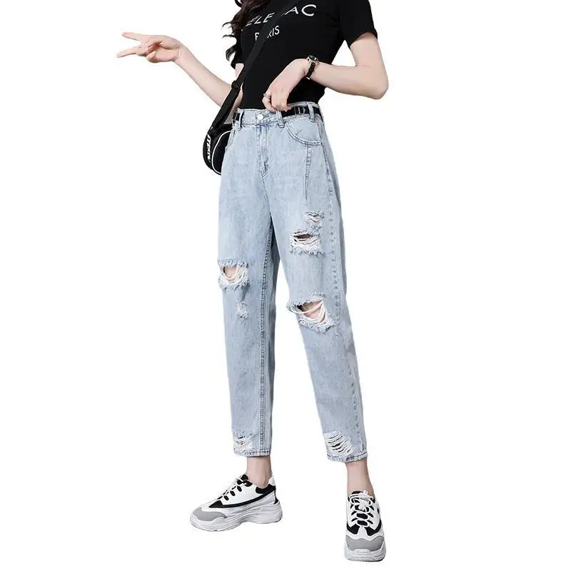 

Hole jeans women's summer 2021 new straight tube loose Capris high waist show thin father Harem Pants fashion