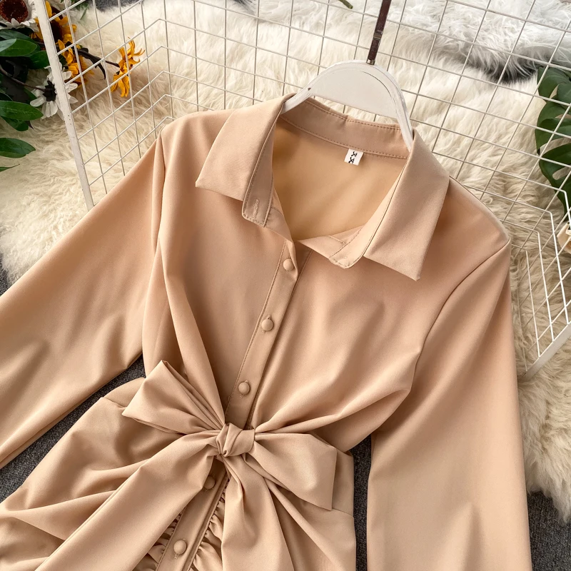 MUMUZI рубашка женская дизайн тонкая талия плиссированные платья Сексуальная сумка