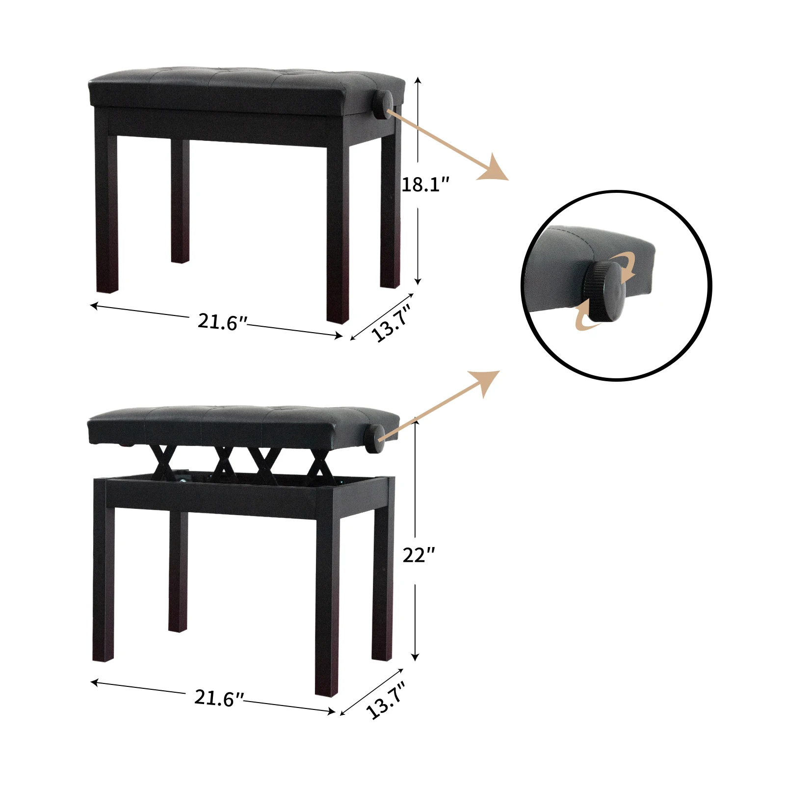 

21.6 Inch Adjustable Piano Bench Chair Single Piano Lift Stool 55*35*46-56cm