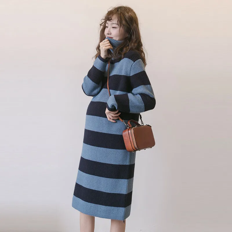 Autumn Winter Maternity Elastic Stripe Long Sweater Dresses Expectant Mother Knit Sweater Pregnant Women Dress Pregnancy Clothes