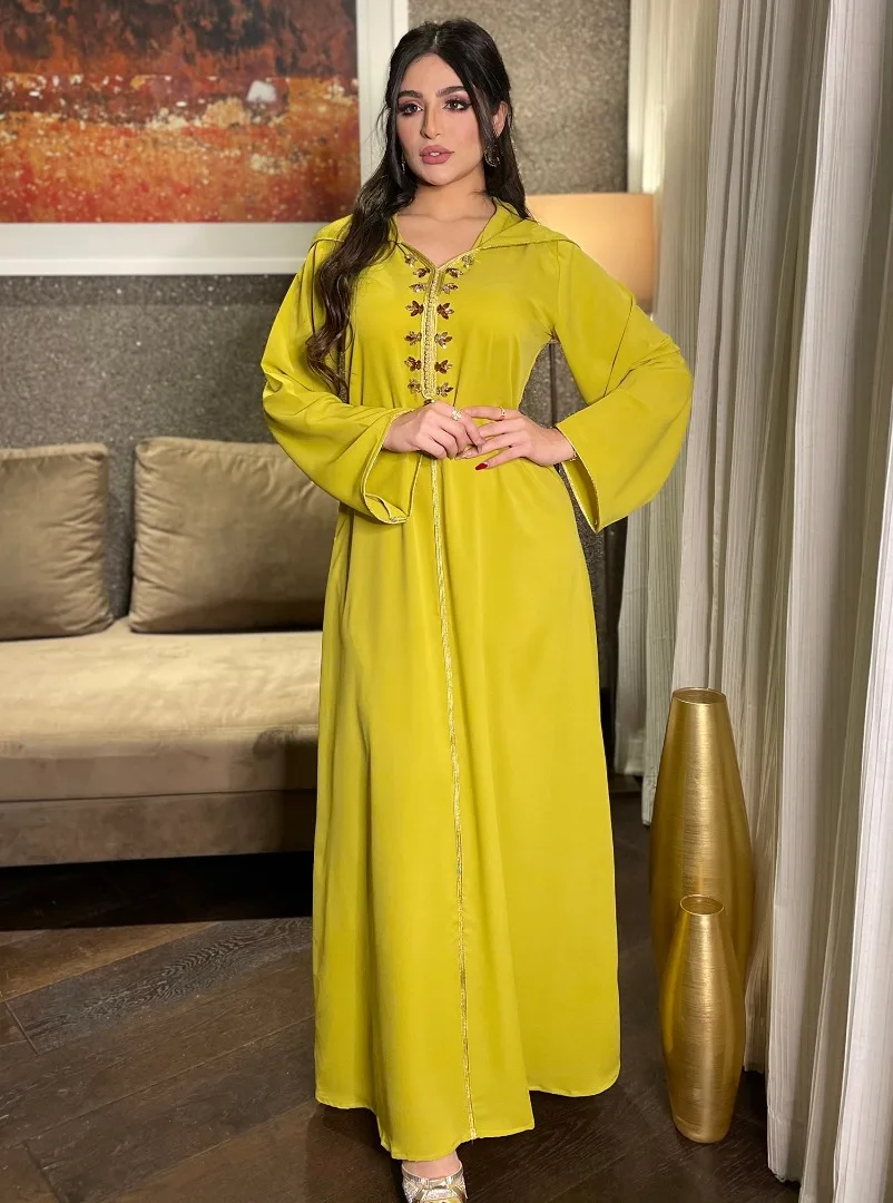 

Мусульманское арабское Дубай Рамадан ИД Мубарак атласное платье абайя для женщин с капюшоном халабия марокканский кафтан со стразами лент...