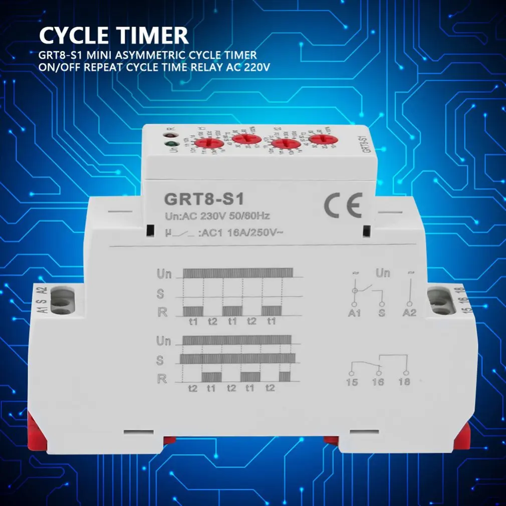 

GRT8-S1 Mini Asymmetric Cycle Timer ON/OFF Repeat Cycle Time Relay AC 240V Cycle Timer Relay Wide Delay Time Range