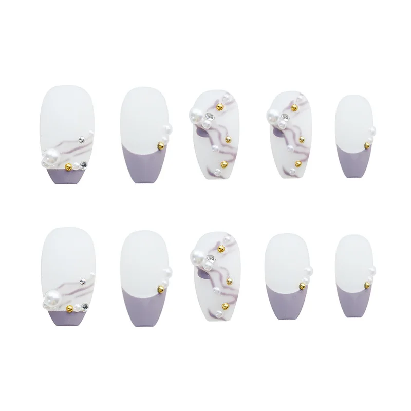 

24pcs Pearls Inlaid Nail Patch Purple Glue Type Removable Long Paragraph Fashion Manicure Save Time False Nail Patch SOYW889